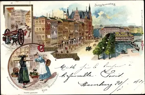 Litho Hamburg, Jungfernstieg, Milchkarren, Vierländerin, Hamburger Dienstmädchen