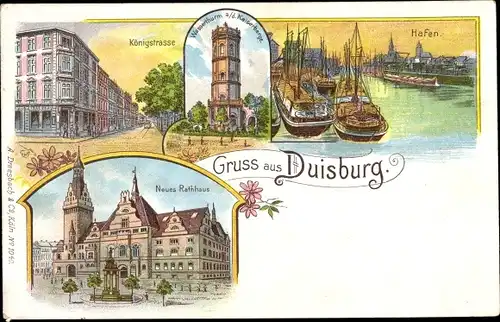 Litho Duisburg im Ruhrgebiet, Königstraße, Hafen, Neues Rathaus, Wasserturm auf dem Kaiserberge