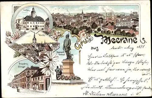 Litho Meerane in Sachsen, Rathaus, Bismarckdenkmal, Augustusstraße, Kirche