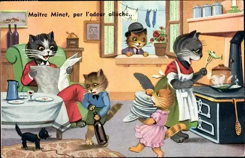 Ak Maitre Minet, par l'odeur allche, Katzenfamilie bereitet das Abendessen vor