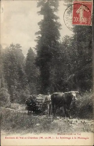 Ak Val et Chatillon Meurthe et Moselle, le Schlittage à la Montagne, Ochsenkarren