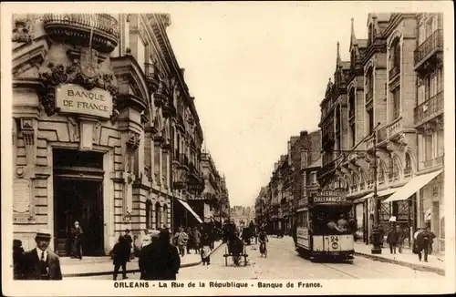Ak Orléans Loiret, Banque de France, Rue de la République, Tramway 24