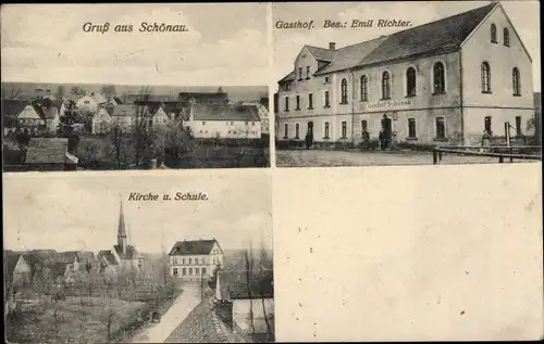 Ak Schönau Frohburg in Sachsen, Kirche, Schule, Gasthof