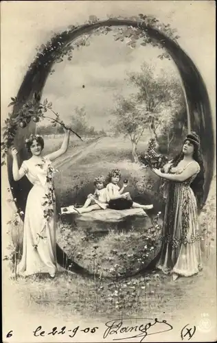 Buchstaben Ak O, Frau, Kinder, Obst, Landschaftsidylle, NPG 195