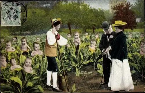 Ak Gärtner und Kinder im Kohlfeld, Neugeborene, Fotomontage, Paar