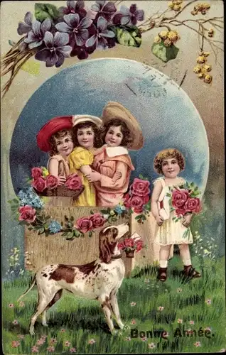 Präge Ak Glückwunsch Neujahr, Kinder mit Blumen und Hund, Veilchen, Rosen