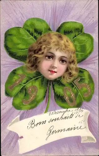 Präge Litho Glückwunsch Neujahr, Jahreszahl 1905, Kinderportrait, Kleeblatt