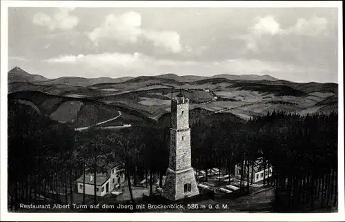 Ak Bad Grund im Harz, Restaurant Albert Turm auf dem Iberg mit Brockenblick