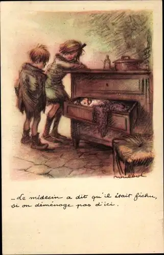 Künstler Ak Poulbot, Franciscque, Baby im Schubkasten, Le medecin a dit qu'il etait fichu