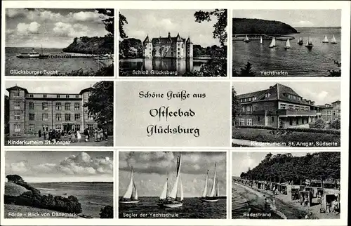 Ak Glücksburg an der Ostsee, Schloss, Yachthafen, Kinderkurheim St. Ansgar, Strand, Förde