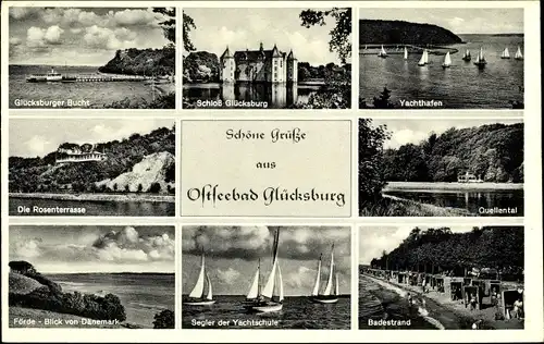 Ak Glücksburg an der Ostsee, Quellental, Yachthafen, Förde, Rosenterrasse, Schloss