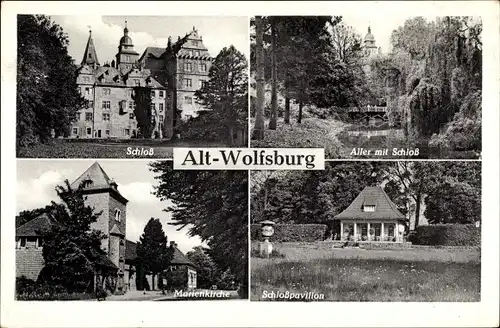 Ak Wolfsburg in Niedersachsen, Schloss, Allerpartie, Marienkirche, Schlosspavillon