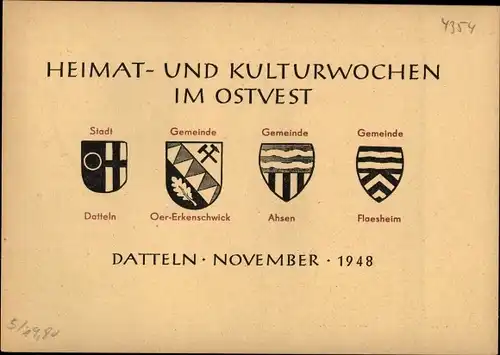 Ak Datteln im Ruhrgebiet Westfalen, Heimat und Kulturwochen im Ostvest, Arbeiter auf Landkarte, 1948