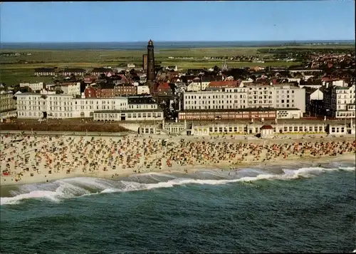 Ak Nordseebad Borkum in Ostfriesland, Leuchtturm, Fliegeraufnahme, Strand