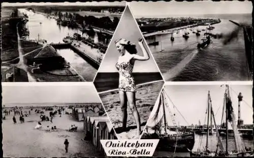 Ak Ouistreham Riva Bella Calvados, Le Canal, La Plage, Le Port, Phare