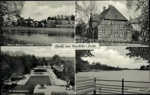 Ak Reinfeld in Holstein, Rathaus, Kirche, Genesungsheim, Herrenteich, Claudius-Geburtsstätte