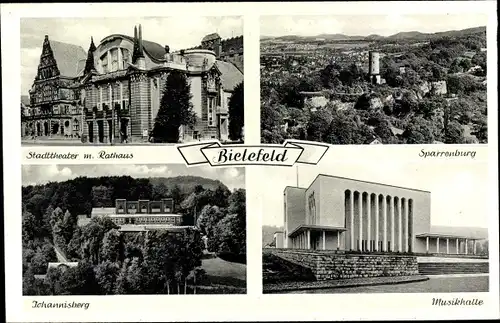 Ak Bielefeld in Nordrhein Westfalen, Stadttheater, Rathaus, Sparrenburg, Musikhalle, Johannisberg