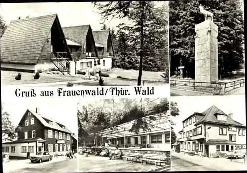 Ak Frauenwald am Rennsteig Ilmenau Thüringen, Finnhütten, Monument, Gasthaus Waldfrieden, Lenkgrund