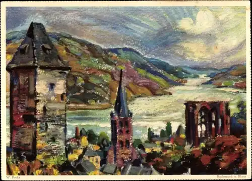 Künstler Ak Focke, W., Bacharach am Rhein, Teilansicht, Turm, Kirche, Ruine, Eduscho Reklame