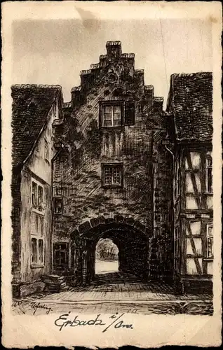 Künstler Ak Erbach im Odenwaldkreis Hessen, Rathausbogen vom Städtel gesehen