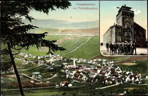 Ak Oberwiesenthal im Erzgebirge Sachsen, Blick auf den Ort mit Umgebung, Fichtelberghaus