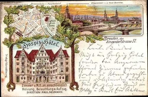 Landkarten Litho Dresden Altstadt, Hospiz-Hotel, Stadtplan, Straßenbahn