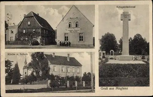 Ak Müglenz Lossatal Sachsen, Kriegerdenkmal, Kirche, Schule, Gasthaus Seyfert