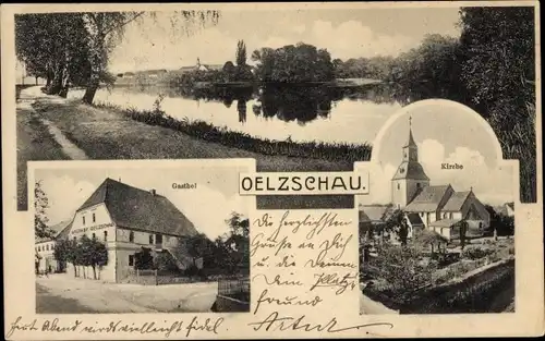 Ak Oelzschau Rötha in Sachsen, Wasserpartie, Kirche, Gasthof