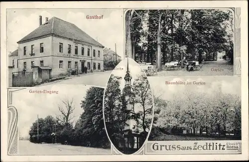 Ak Zedtlitz Wyhratal Borna in Sachsen, Gasthof, Garteneingang, Baumblüte, Kirche