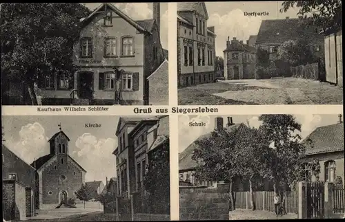 Ak Siegersleben Ovelgünne Eilsleben in Sachsen Anhalt, Kirche, Schule, Kaufhaus Wilhelm Schlüter