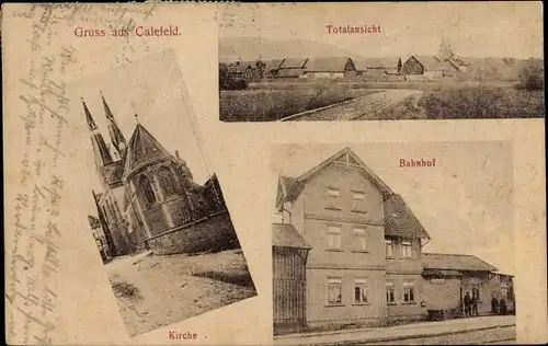Ak Calefeld Kalefeld am Harz, Totalansicht, Kirche, Bahnhof, Gleisseite