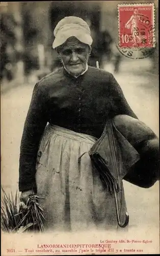 Ak La Normandie, Frau in Tracht, Regenschirm