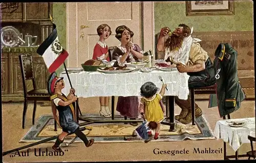 Künstler Ak Thiele, Arthur, Auf Urlaub, Gesegnete Mahlzeit, Soldat, Familie