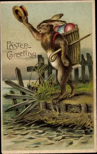 Litho Glückwunsch Ostern, Osterhase mit Rückentrage, Ostereier