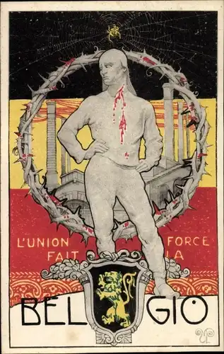 Künstler Ak Belgien, Belgio, L'Union fait la force, Belgien, Verwundet, Dornenkrone
