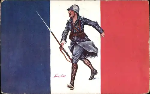 Künstler Ak Sager, X., Französischer Soldat in Uniform, Französische Fahne