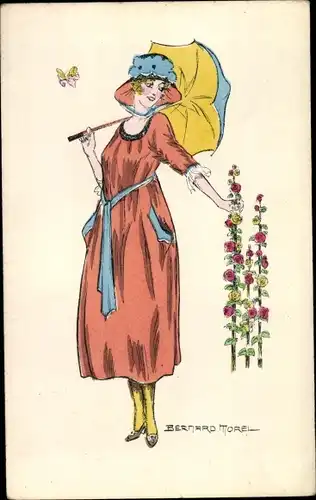 Künstler Ak Morel, B., Junge Frau mit Sonnenschirm, Rotes Kleid, Blumen