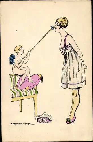 Künstler Ak Morel, B., Junge Frau mit kleinem Eros, Kissen