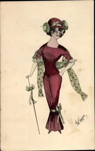 Künstler Ak Elegante Dame in rotem Kleid, Schleife, Gehstock