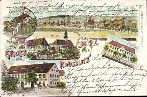 Litho Rausslitz Nossen in Sachsen, Schule,  Kirche, Gasthof, Totalansicht
