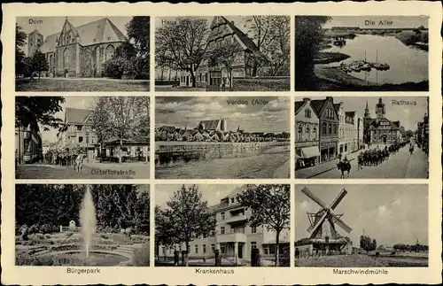 Ak Verden an der Aller, Dom, Haus, Die Aller, Rathaus, Ostertorstraße, Bürgerpark, Marschwindmühle