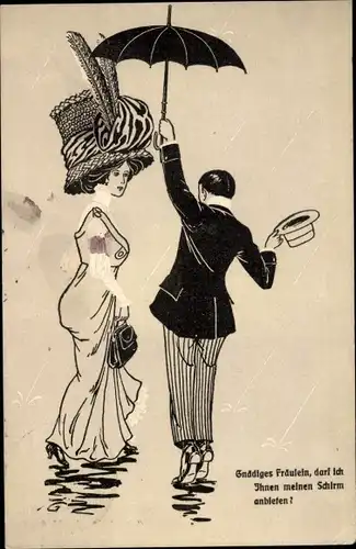 Ak Dame mit Hut, Kavalier mit Schirm, Humor