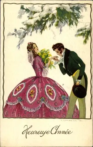 Künstler Ak Corbella, T., Glückwunsch Neujahr, Liebespaar, Handkuss, Blumenstrauß