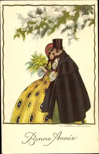 Künstler Ak Corbella, T., Glückwunsch Neujahr, Liebespaar, Blumenstrauß