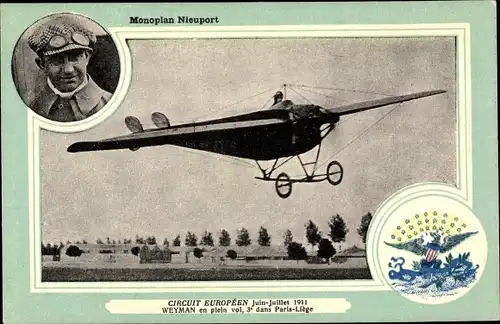 Wappen Ak Circuit Europeen 1911, Weyman en plein vol, 3e dans Paris Liege, Monoplan Nieuport