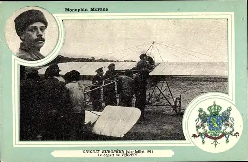 Wappen Ak Monoplan Morane, portrait, Circuit Europeen, Juin Juillet 1911, depart de Verrept