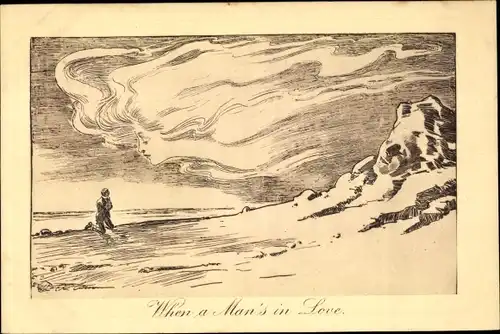 Künstler Ak When a man's in love, woman's face in cloud, man on the beach