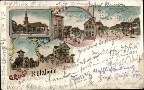 Litho Rülzheim Kreis Germersheim Rheinland Pfalz, Kirche, Ortsstraße, Post, Bahnhof, Villa Dr. John