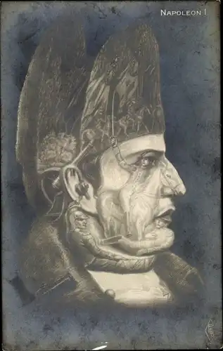 Künstler Ak Napoleon Bonaparte, Metamorphose, Gesicht aus Schlachtszenen