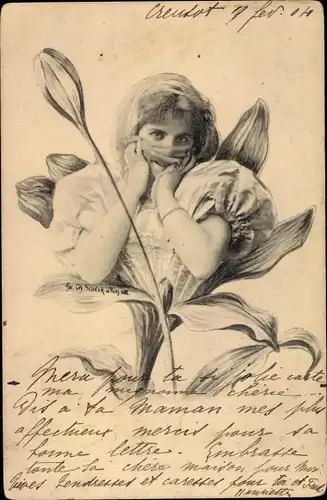 Künstler Ak Scolik, Ch., Frau mit Schleier in einer Blüte